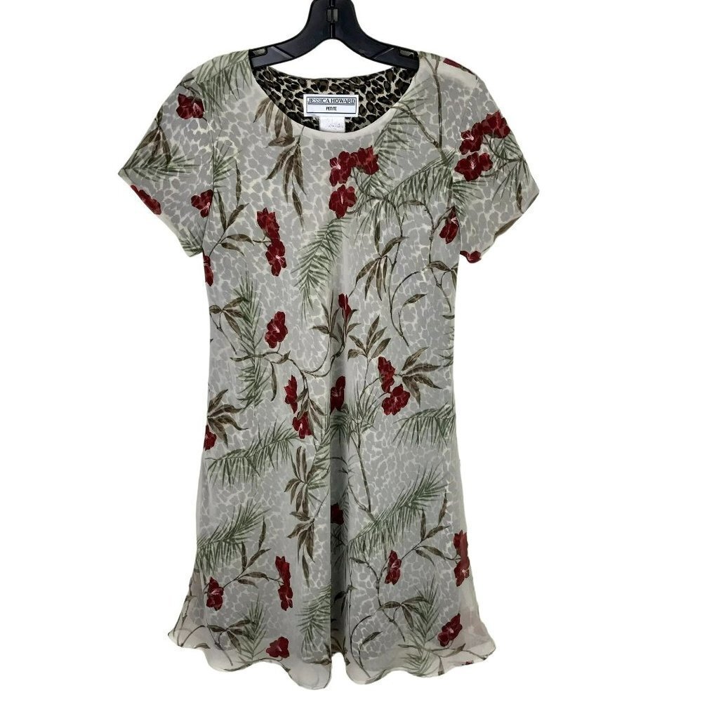 Vintage 90s Jessica Howard Petite Sheer Floral & Leopard Print Shift Dress, size